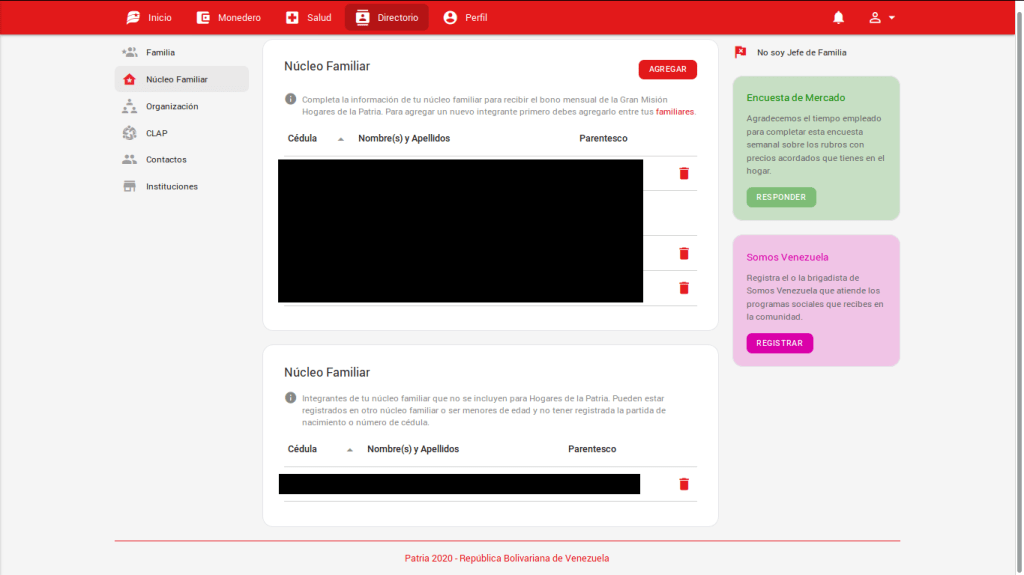 Sección de Núcleo Familiar del Módulo de Directorio