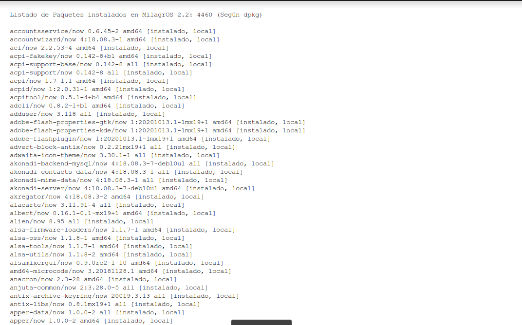 Listado de paquetes instalados en MilagrOS 2.2 - 3DE3