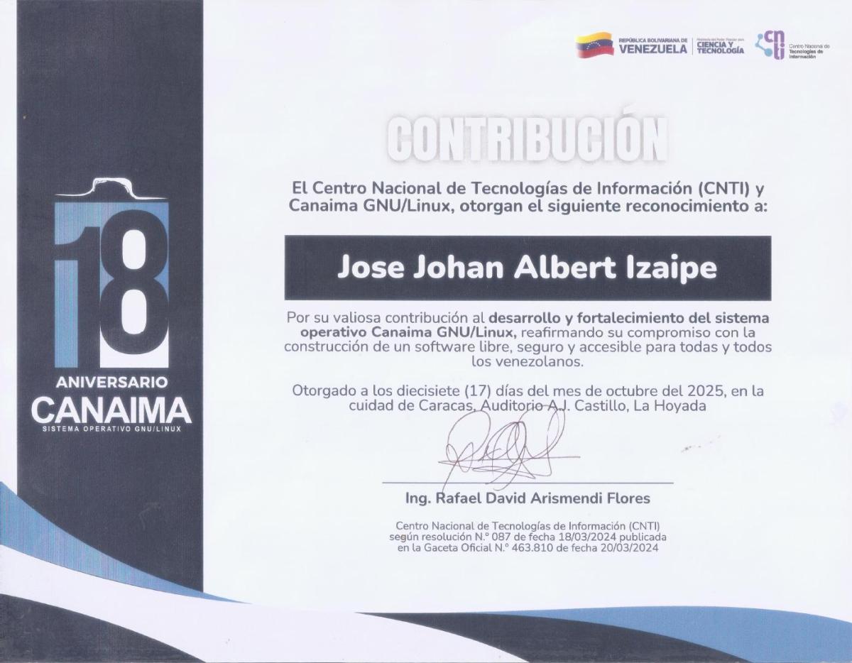 Reconocimiento CNTI/Canaima - Venezuela/2025