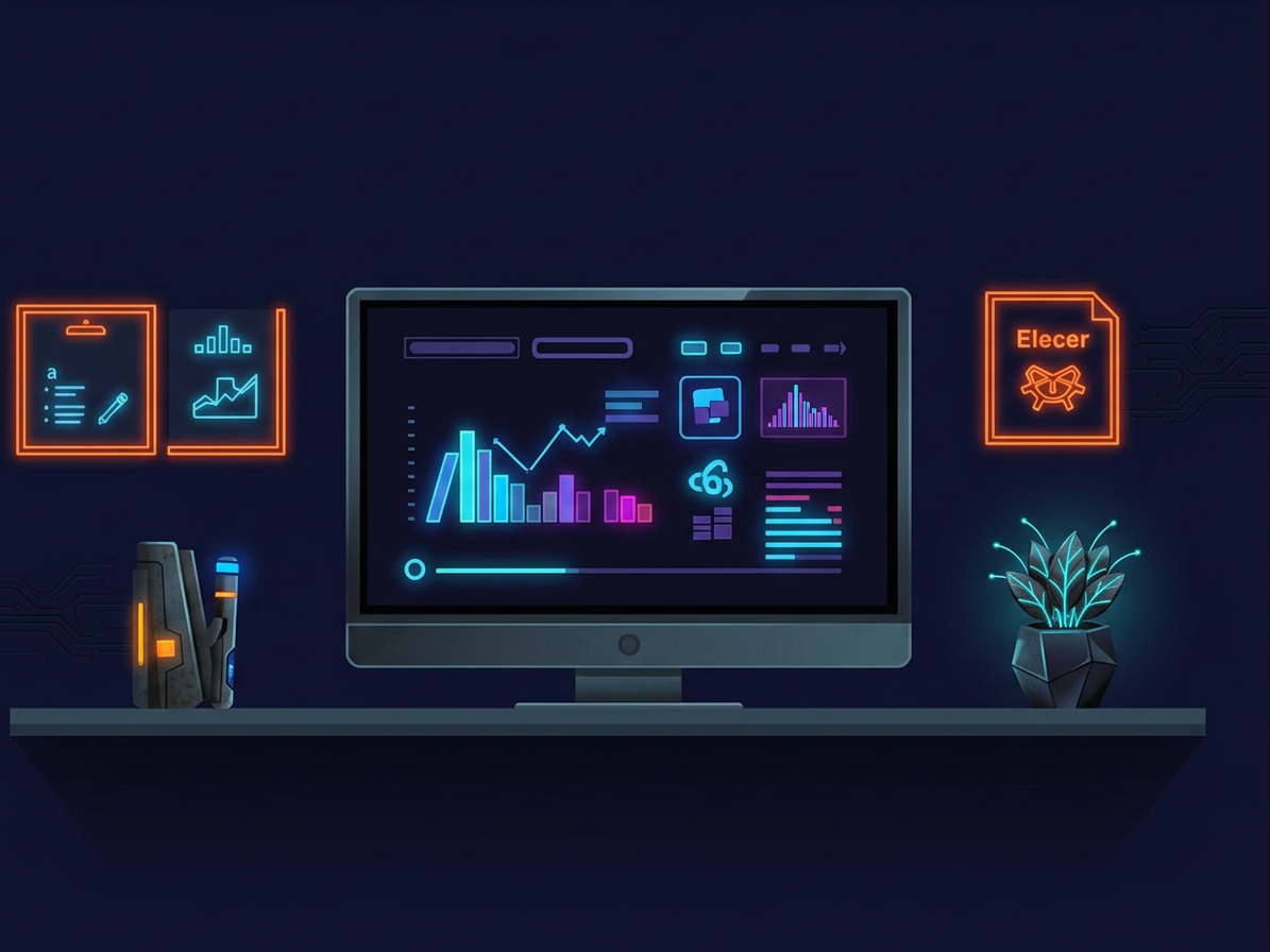 Futuristic data analytics workspace Computer monitor showing glowing colorful data charts and analytics icons